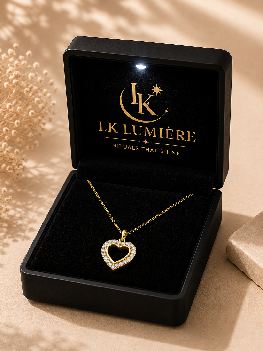 LK Lumière özel ışıklı kutusunda açık kalp kolye
