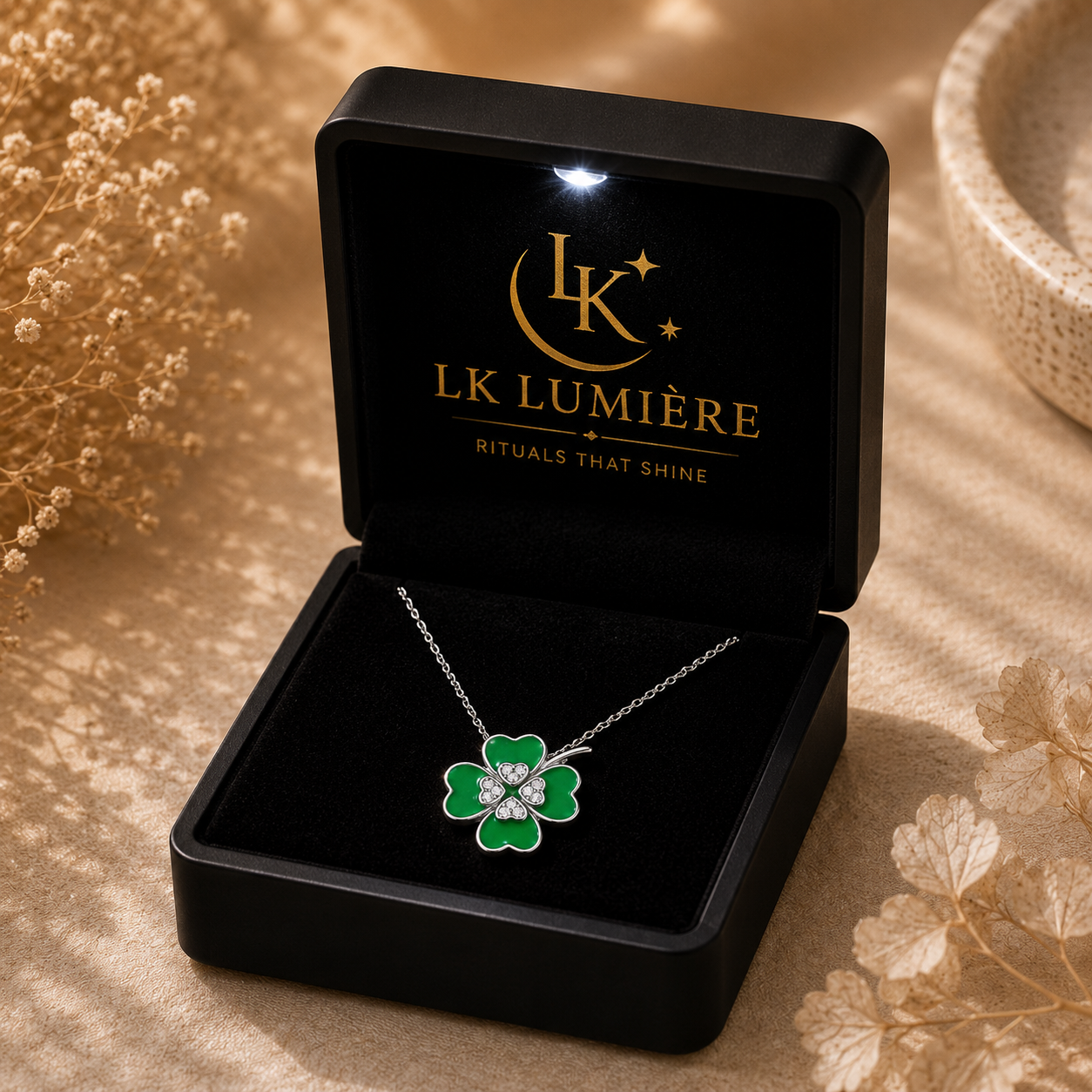 LK Lumière özel ışıklı kutusunda yonca kolye