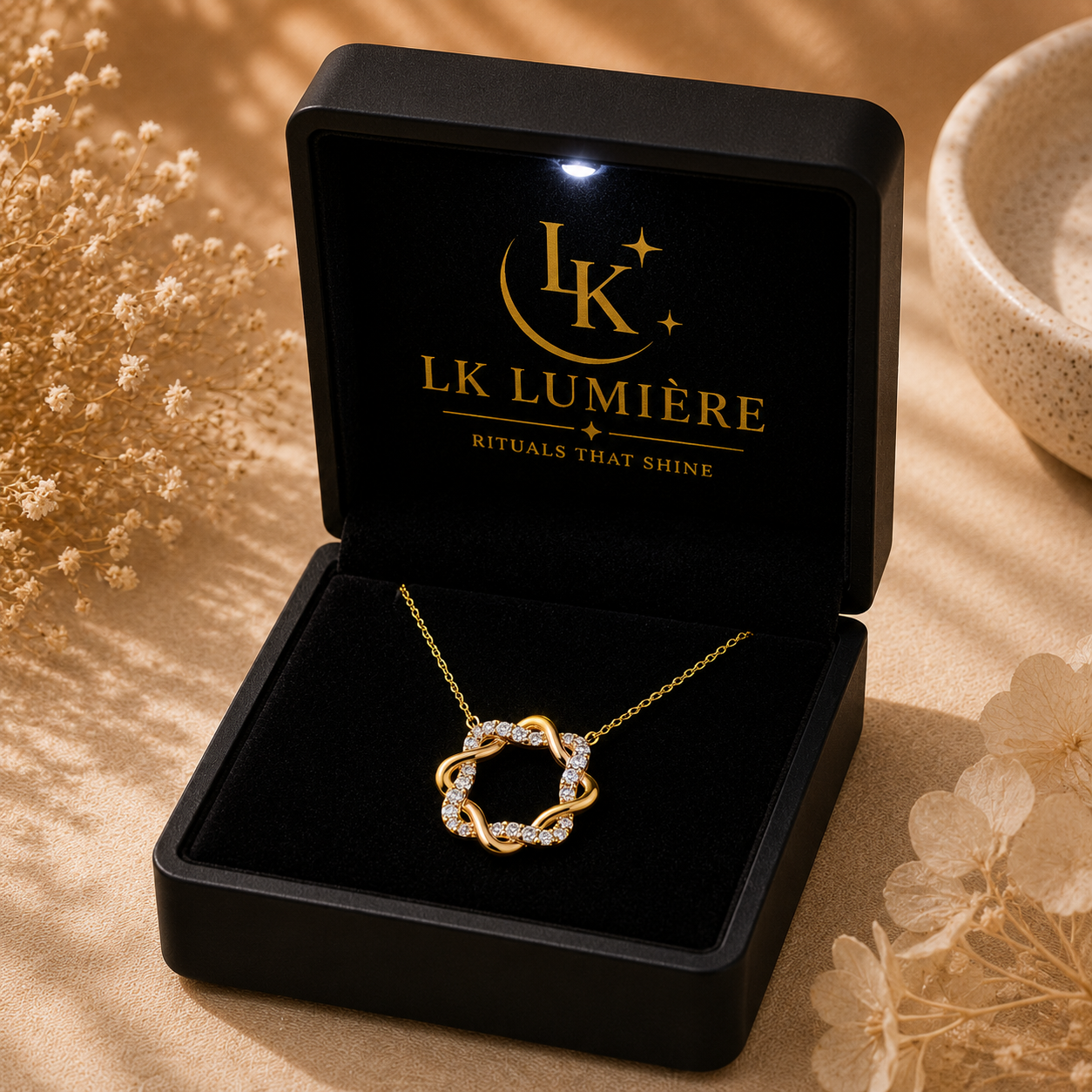 LK Lumière özel ışıklı kutusunda sonsuzluk düğümü kolye
