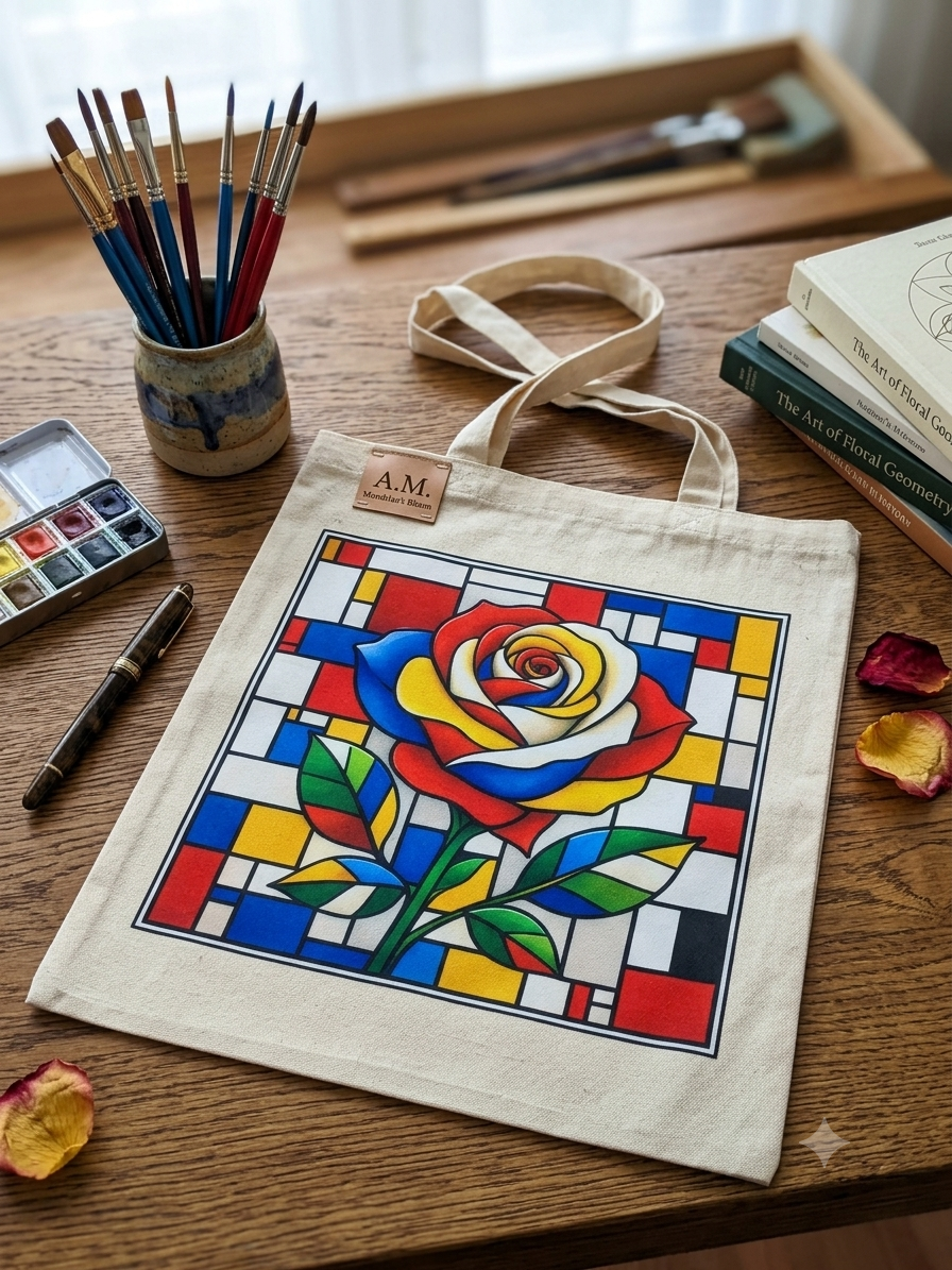 Mondrian vitray gül baskılı sanatsal DTF bez çanta 35x40 cm