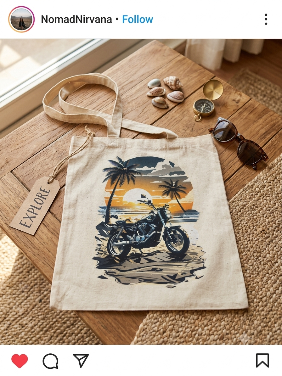 Retro motosiklet gün batımı palmiye baskılı DTF bez çanta 35x40 cm