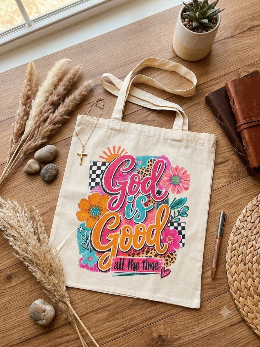 God is Good all the time baskılı çiçekli DTF bez çanta 35x40 cm
