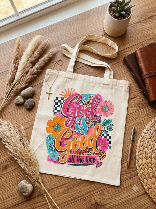 God is Good all the time baskılı çiçekli DTF bez çanta 35x40 cm