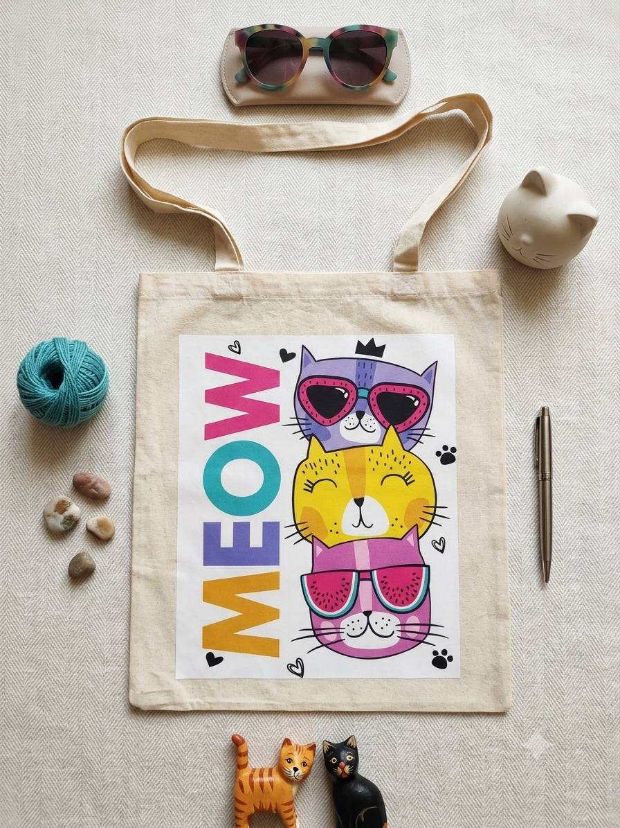 MEOW kedi baskılı DTF bez çanta 35x40 cm