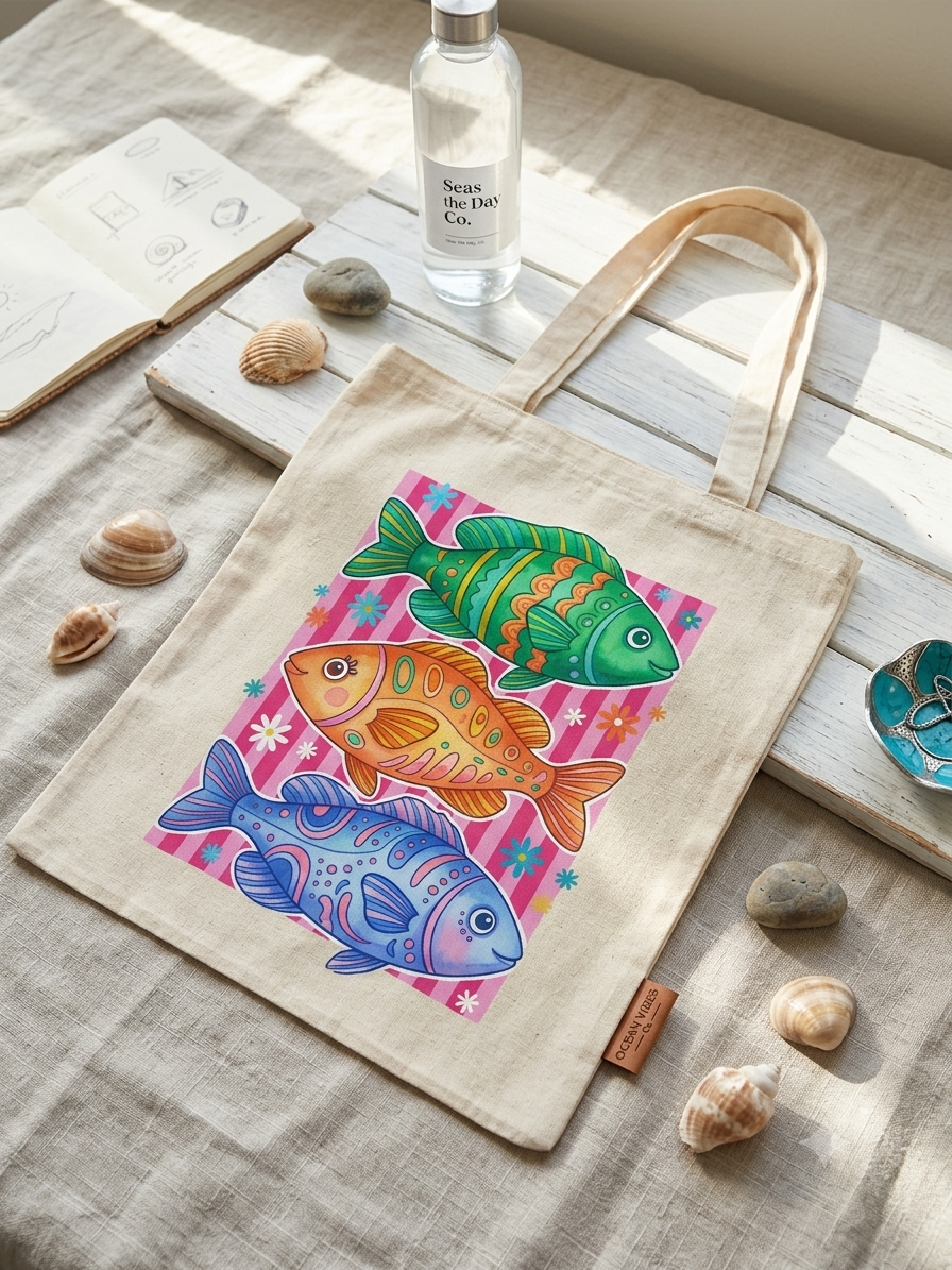 Renkli balık baskılı DTF bez çanta 35x40 cm