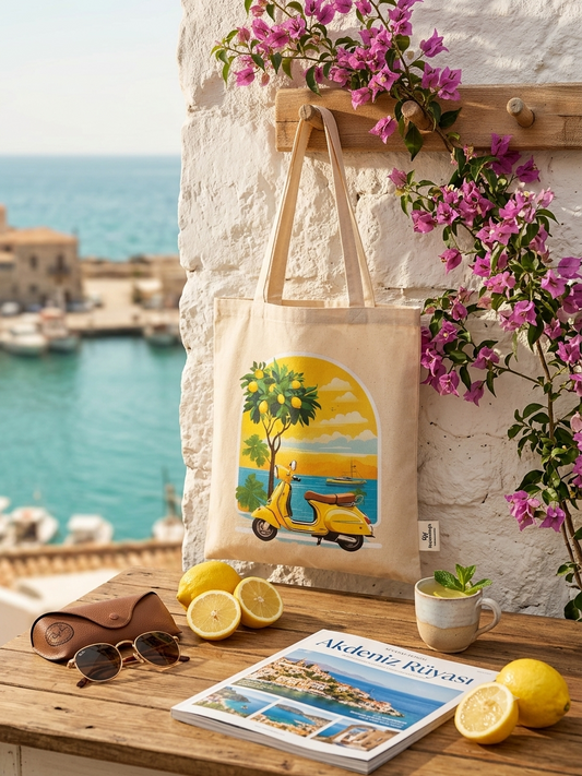 Akdeniz rüyası limon ağacı vespa baskılı DTF bez çanta 35x40 cm