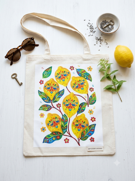 Folk art limon ve yaprak baskılı DTF bez çanta 35x40 cm
