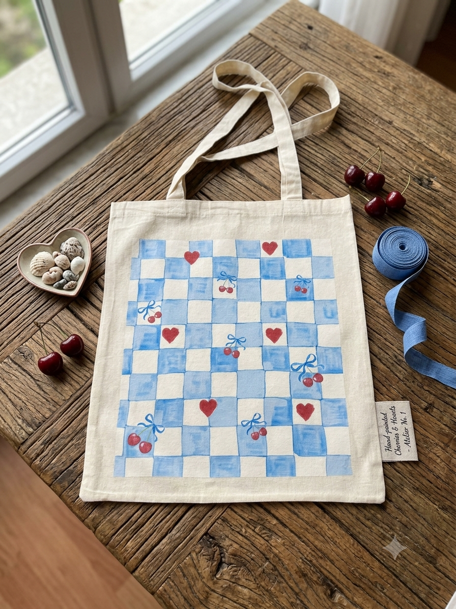 Mavi kareli kiraz kalp baskılı coquette DTF bez çanta 35x40 cm