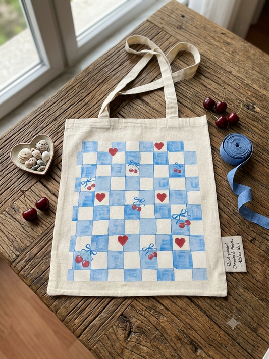 Mavi kareli kiraz kalp baskılı coquette DTF bez çanta 35x40 cm