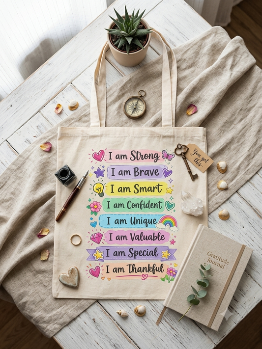 I am Strong Brave Smart afirmasyon baskılı motivasyon DTF bez çanta 35x40 cm