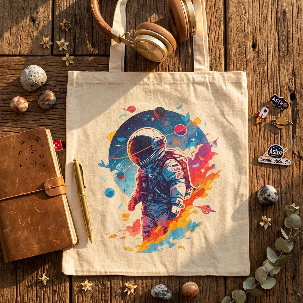 Astronot uzay temalı DTF baskılı bez çanta 35x40 cm